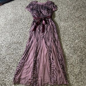 Mauve Maxi Dress Sequin Pattern and Satin Waist Tie with stretch Size L-XL